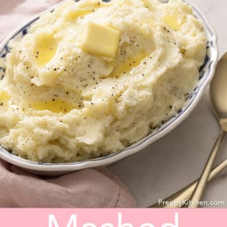 Pinterest graphic of mashed potatoes in a platter with a pat of butter on top.