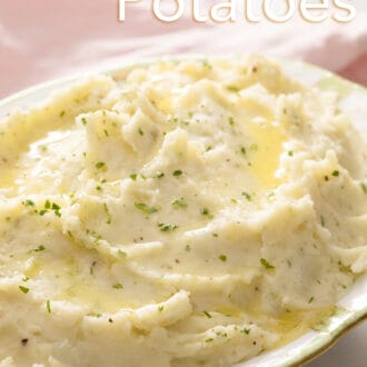 Pinterest graphic of mashed potatoes in a bowl.