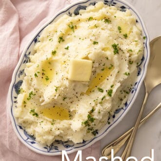 Pinterest graphic of mashed potatoes in a platter topped with choppped herbs and butter.