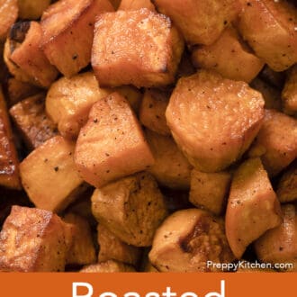 Roasted sweet potatoes with flecks of black pepper.