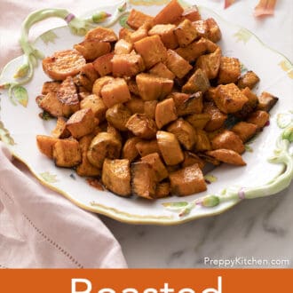 Roasted sweet potatoes on a floral tray