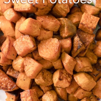 Roasted sweet potatoes on a tray