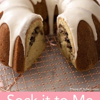 sock it to me cake on a copper wire rack
