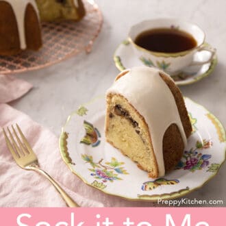piece of sock it to me cake on a floral plate