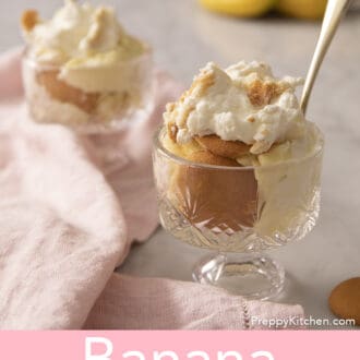 Banana pudding in a glass bowl with a spoon