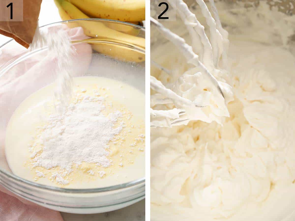 Whipped cream and vanilla pudding getting mixed in separate bowls to make banana pudding.