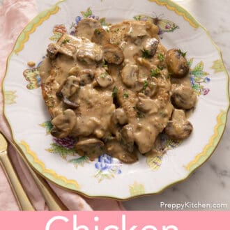 Chicken marsala on a plate on a white marble counter