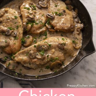 Chicken marsala in a cast iron skillet on a white marble counter