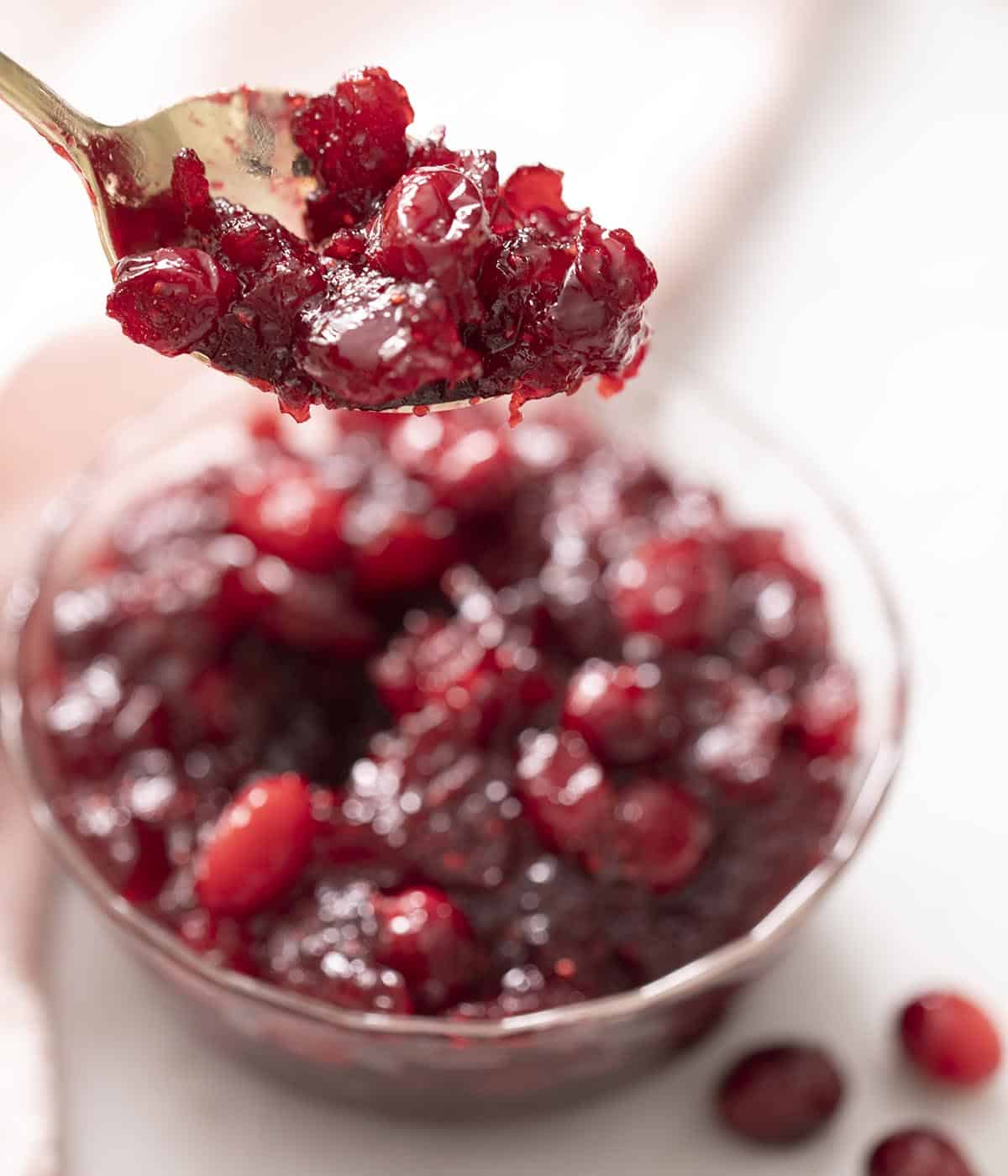 A spoon lifting cranberry sauce from a bowl.