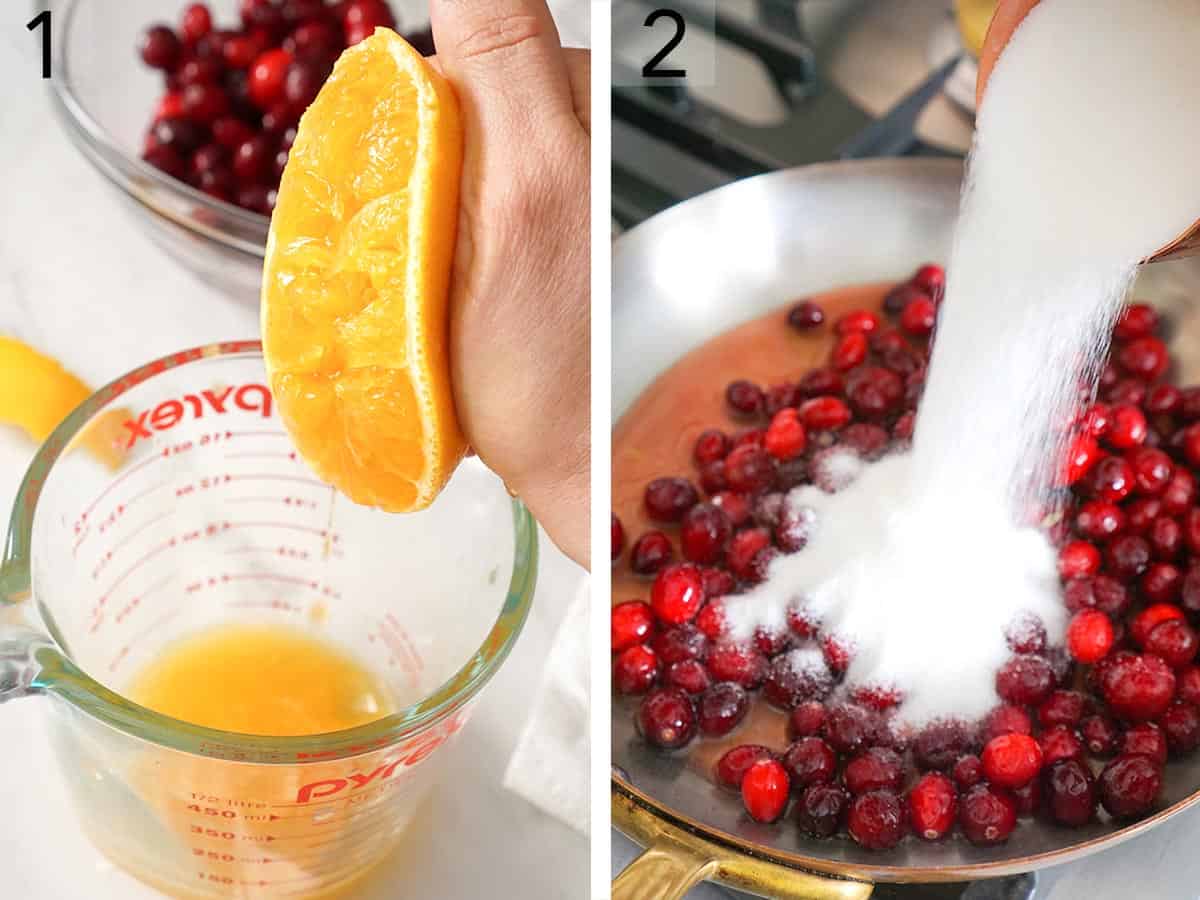 An orange getting juiced for cranberry sauce.
