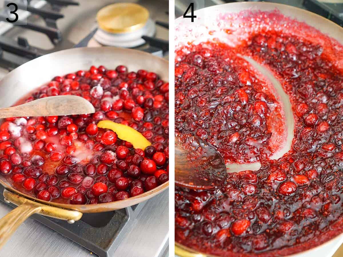 Cranberries, sugar and orange juice cooking down in a large pan.