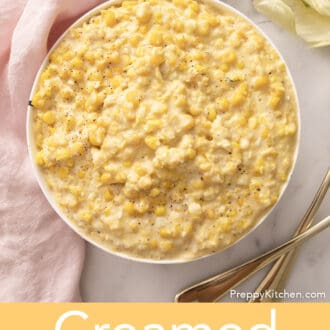 Creamed corn in a white bowl