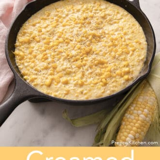 Creamed corn in an iron skillet