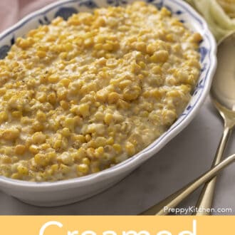 Creamed corn in a blue and white dish