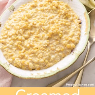 Creamed corn in a porcelain serving dish