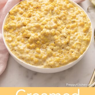 Creamed corn in a white bowl