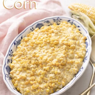 Creamed corn in a blue and white dish