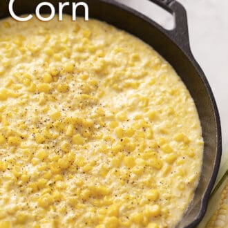 Creamed corn in an iron skillet