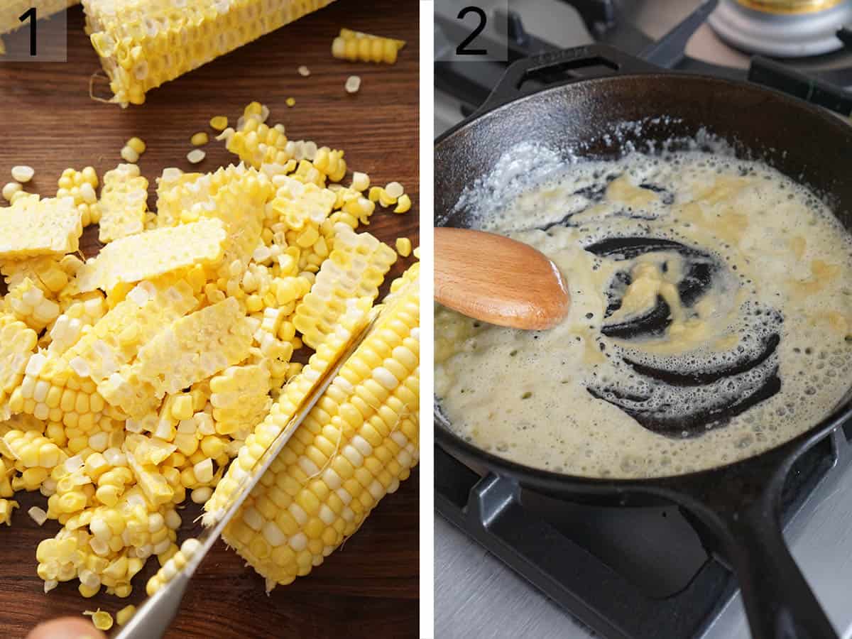 Corn kernels getting cut from the cob.