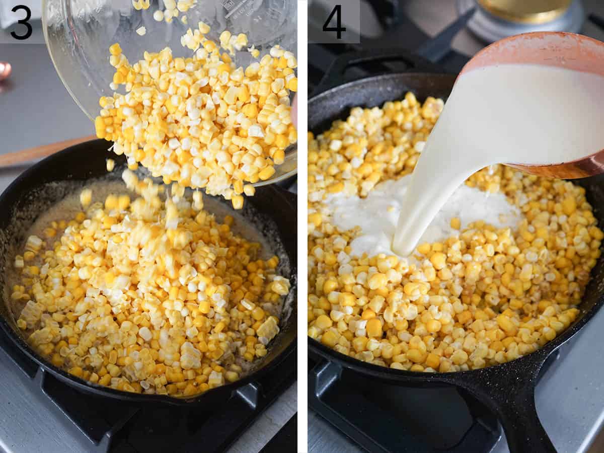Creamed corn getting made in a skillet.