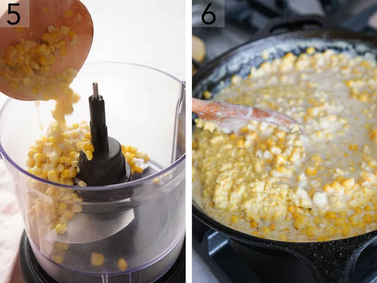 Creamed corn getting mixed in a skillet. 