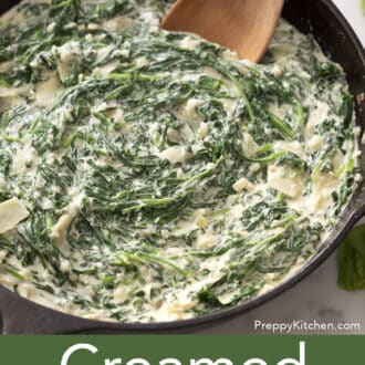 A cast iron skillet filled with creamed spinach.