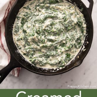 Creamed spinach in an iron skillet