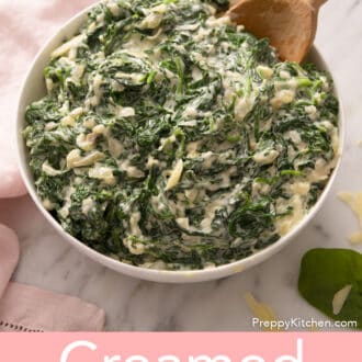 Creamed spinach in a white bowl