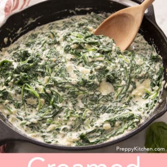 Creamed spinach in an iron skillet