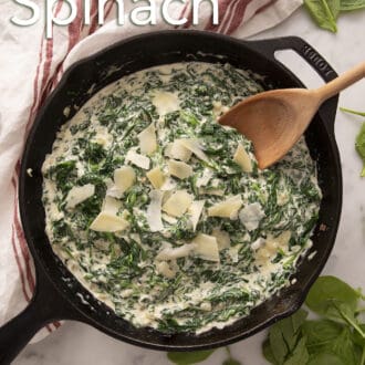 creamed spinach in an iron skillet