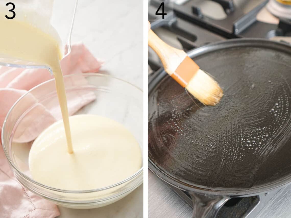 Set of two photos showing crepe batter poured into a bowl and a pan brushed with melted butter.