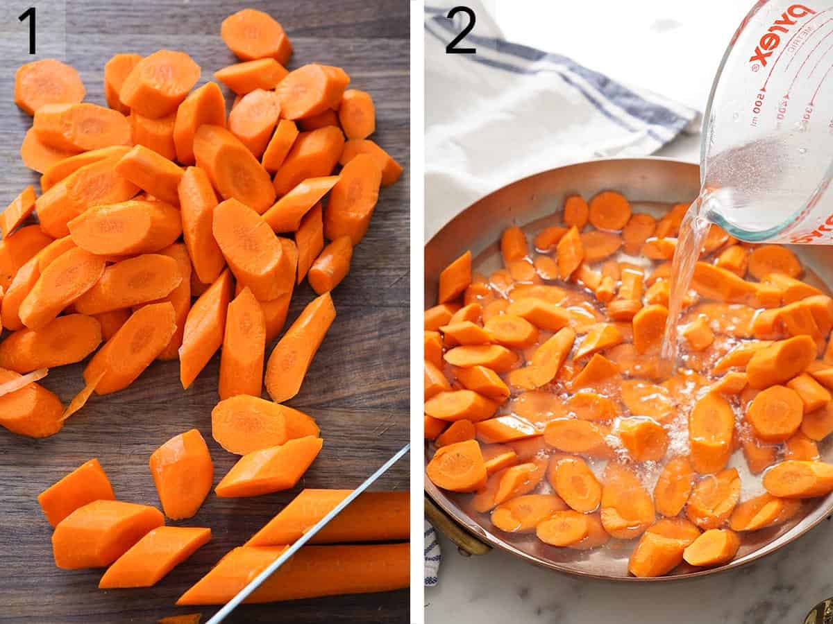 Carrots getting cut into slices then submerged in water.