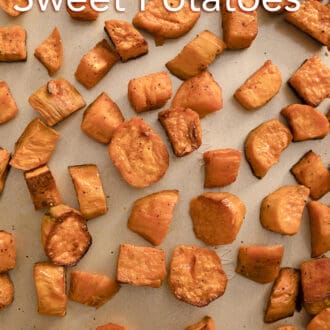 Roasted sweet potatoes on a sheet pan