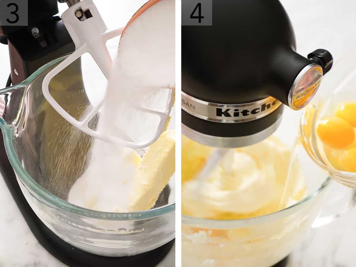 Butter, sugar and eggs mixing together in a stand mixer.