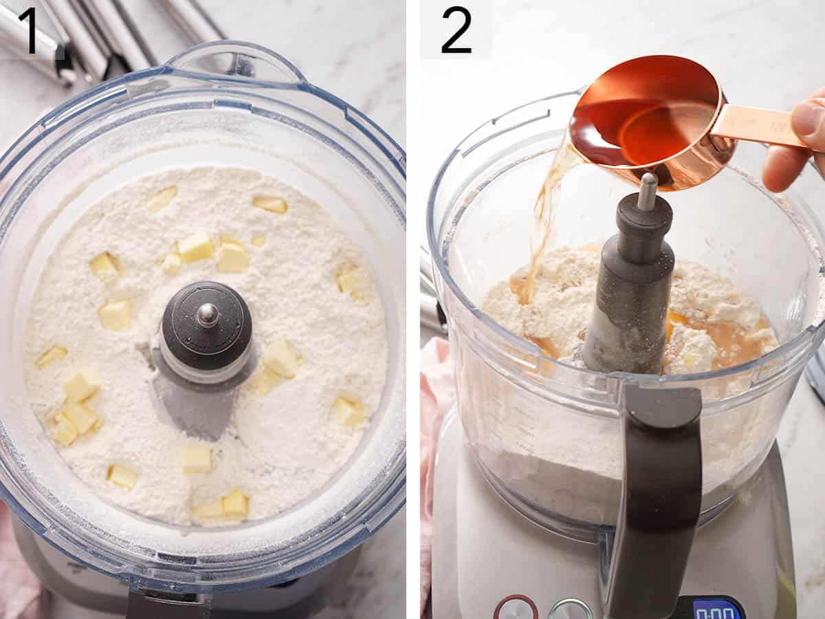 Set of two photos showing cannoli dough getting made in a food processor.