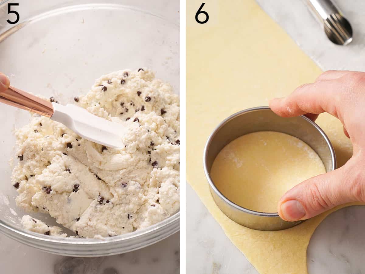 Set of two photos showing chocolate chips added to the cheese mixture dough getting cut into circles.