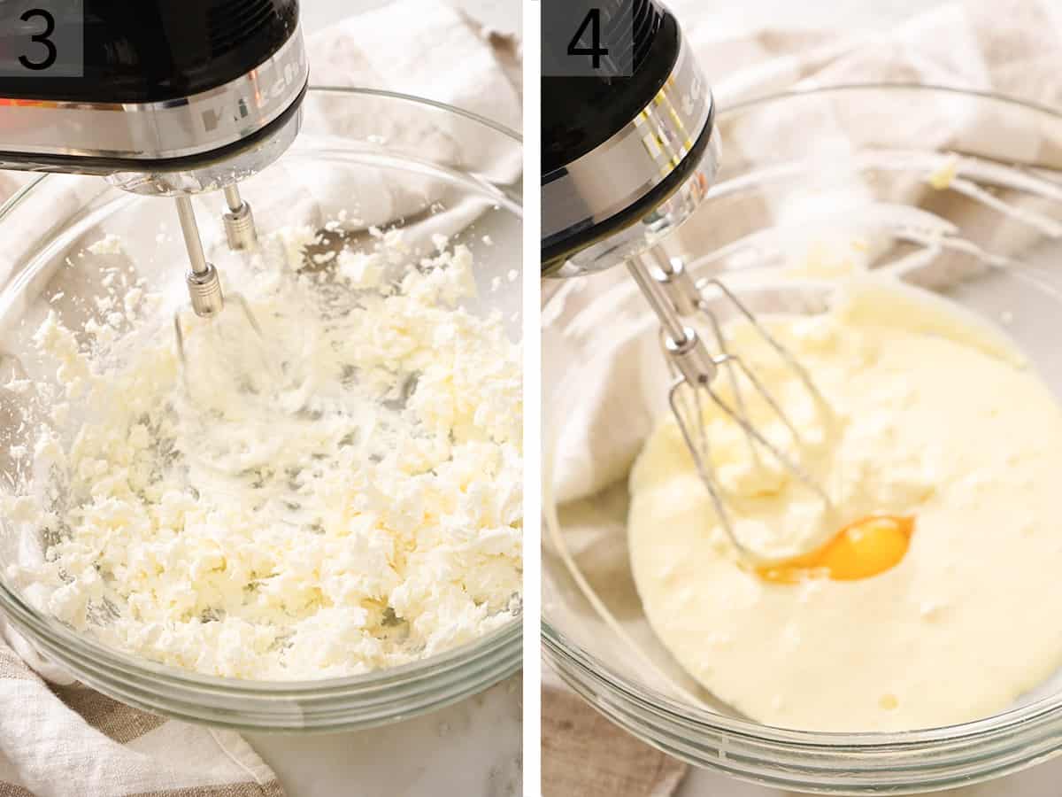 Cream cheese and eggs getting mixed in a glass bowl.