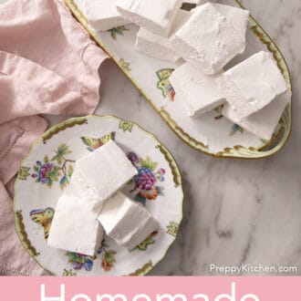 overhead image of square marshmallows on a floral plate