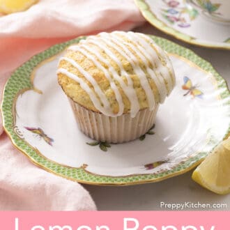 a lemon poppy seed muffin on a porcelain plate with a pink napkin