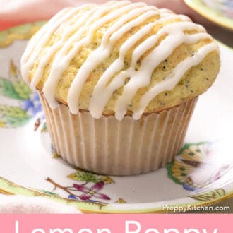 a lemon poppy seed muffin on a floral plate with a pink napkin