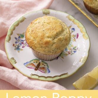a lemon poppy seed muffin on a floral plate