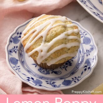 a lemon poppy seed muffin with a sugar glaze on a blue and white plate