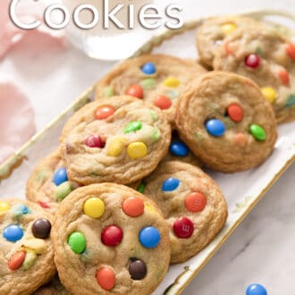 several M&M Cookies on a serving tray