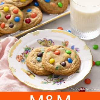 2 M&M Cookies on a floral plate
