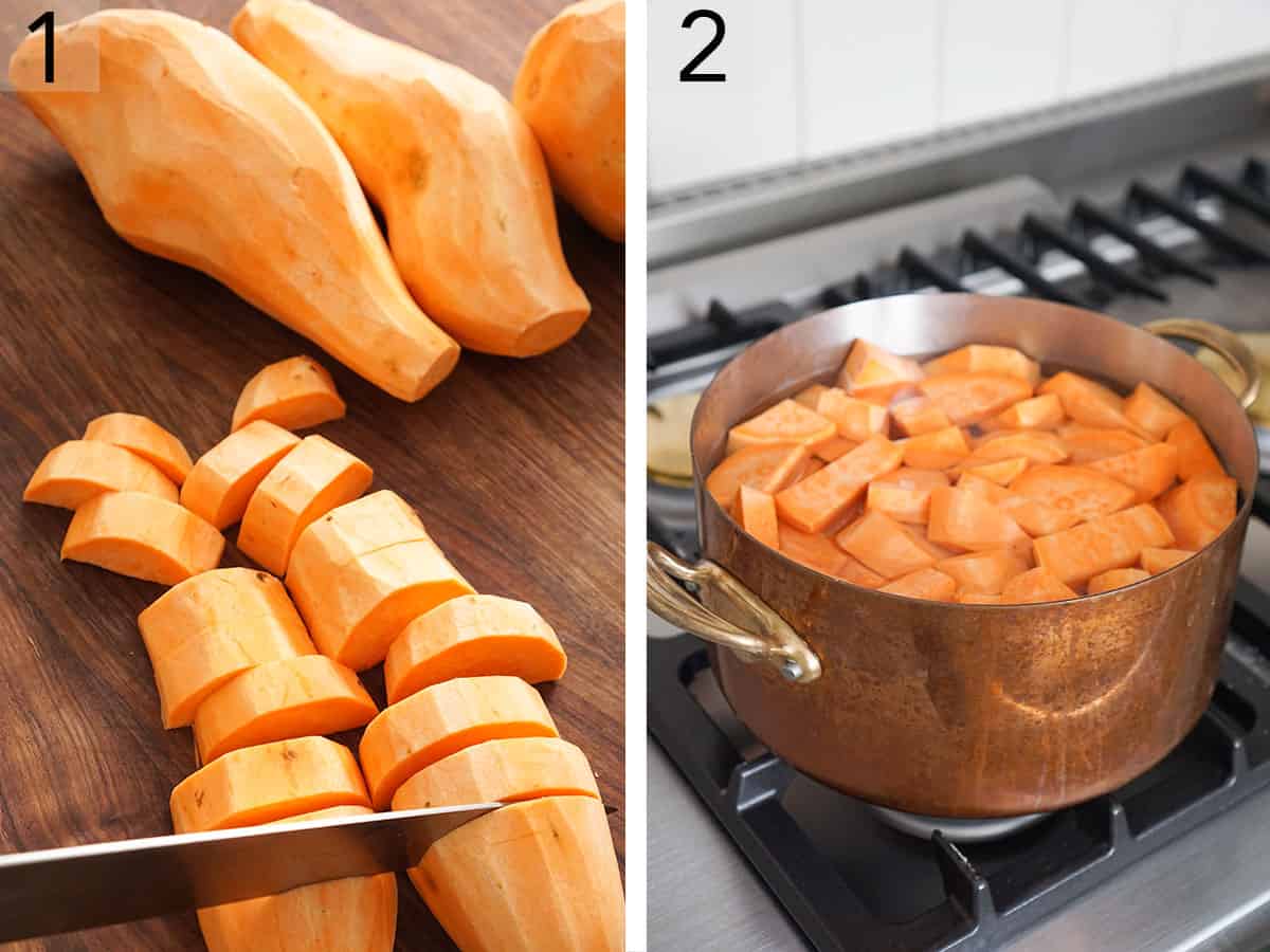 Set of two photos showing sweet potatoes chopped and cooked in a pot of water.