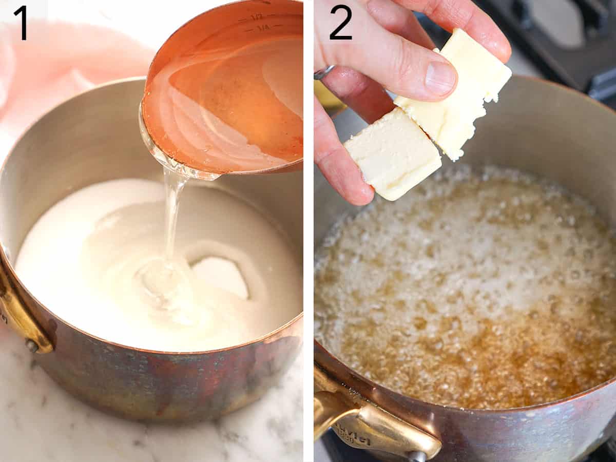 Set of two photos showing syrup added to a pot and then butter added.