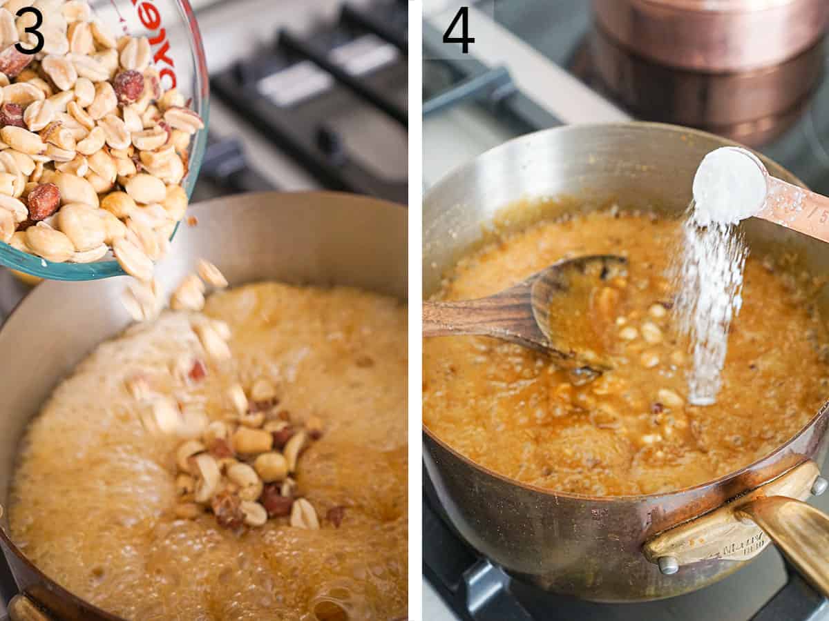 Set of two photos showing peanuts and baking soda added to the mixture.