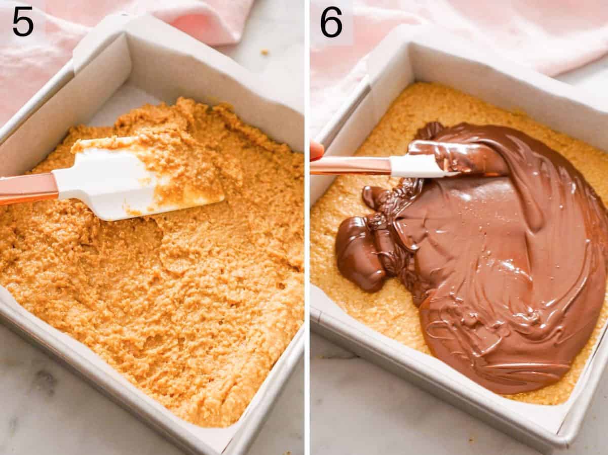 Two photos showing how to assemble peanut butter bars