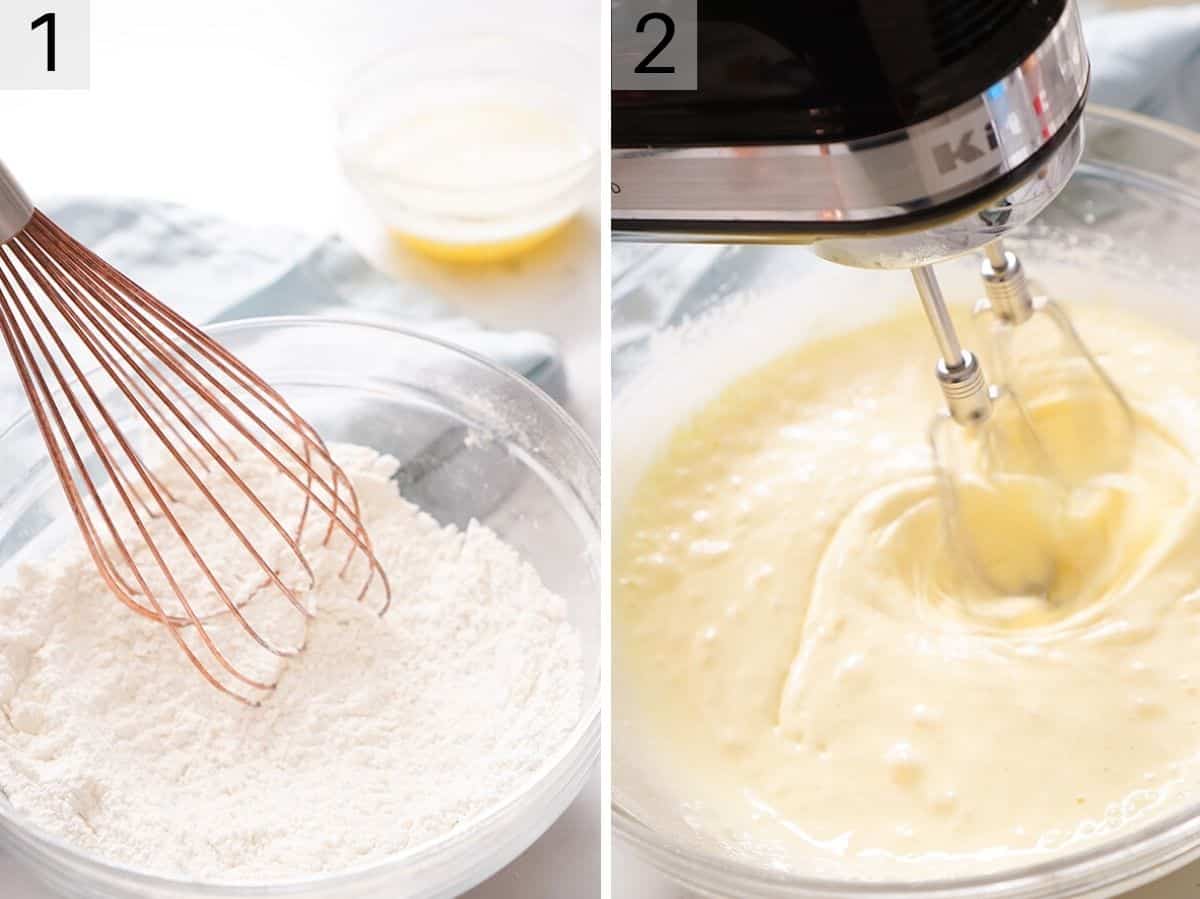 Dry ingredients mixed together in a bowl and a photo of eggs and sugar mixed together in a stand mixer