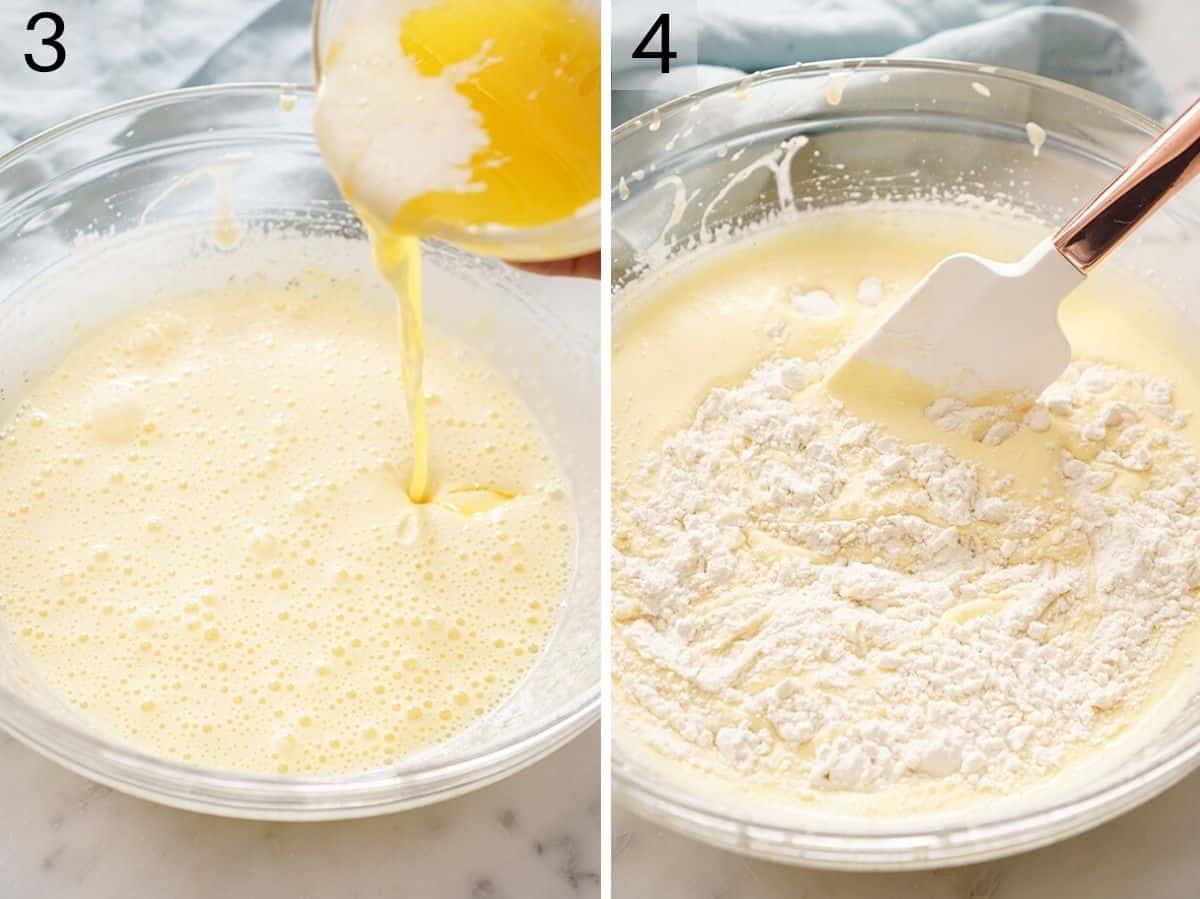 Two photos showing how to add butter and flour to pizzelle cookie batter